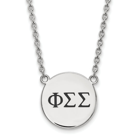 Sterling Silver Rhodium Plated Logoart Phi Sigma Sorority Greek Letters Large Black Enamel Pendant 18 Inch Necklace