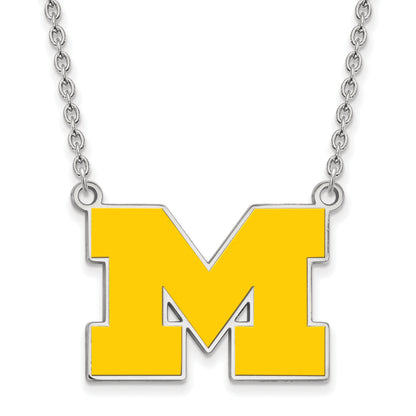 Sterling Silver Rhodium Plated Logoart University Of Michigan Letter M Large Yellow Enameled Pendant 18 Inch Necklace