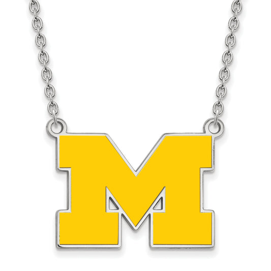 Sterling Silver Rhodium Plated Logoart University Of Michigan Letter M Large Yellow Enameled Pendant 18 Inch Necklace