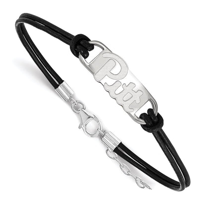 Sterling Silver Rhodium Plated Logoart University Of Pittsburgh Small Center Black Leather 7 Inch Bracelet With Extender