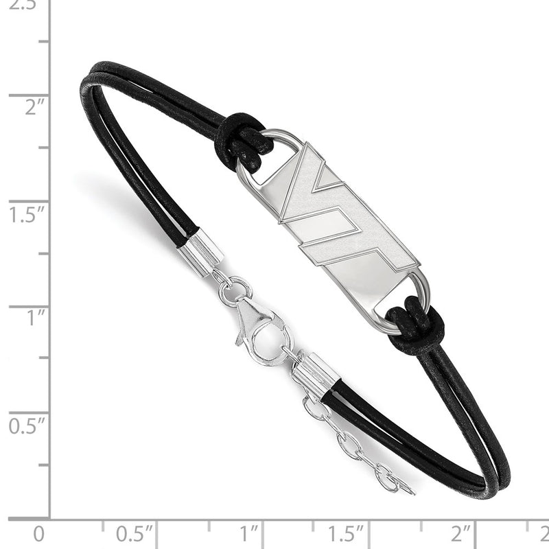 Sterling Silver Rhodium Plated Logoart Virginia Tech V T Small Center Black Leather 7 Inch Bracelet With Extender