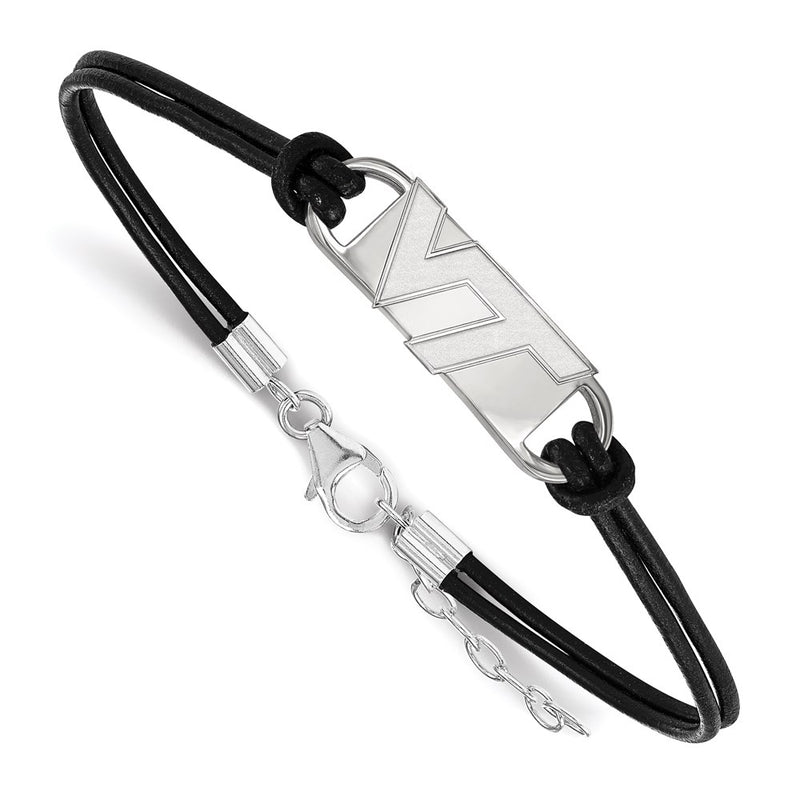 Sterling Silver Rhodium Plated Logoart Virginia Tech V T Small Center Black Leather 7 Inch Bracelet With Extender