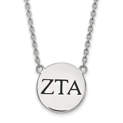 Sterling Silver Rhodium Plated Logoart Zeta Tau Alpha Sorority Greek Letters Large Black Enamel Pendant 18 Inch Necklace