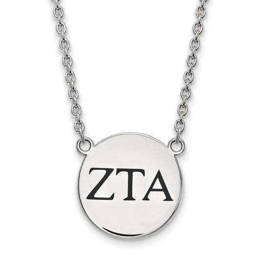 Sterling Silver Rhodium Plated Logoart Zeta Tau Alpha Sorority Greek Letters Large Black Enamel Pendant 18 Inch Necklace