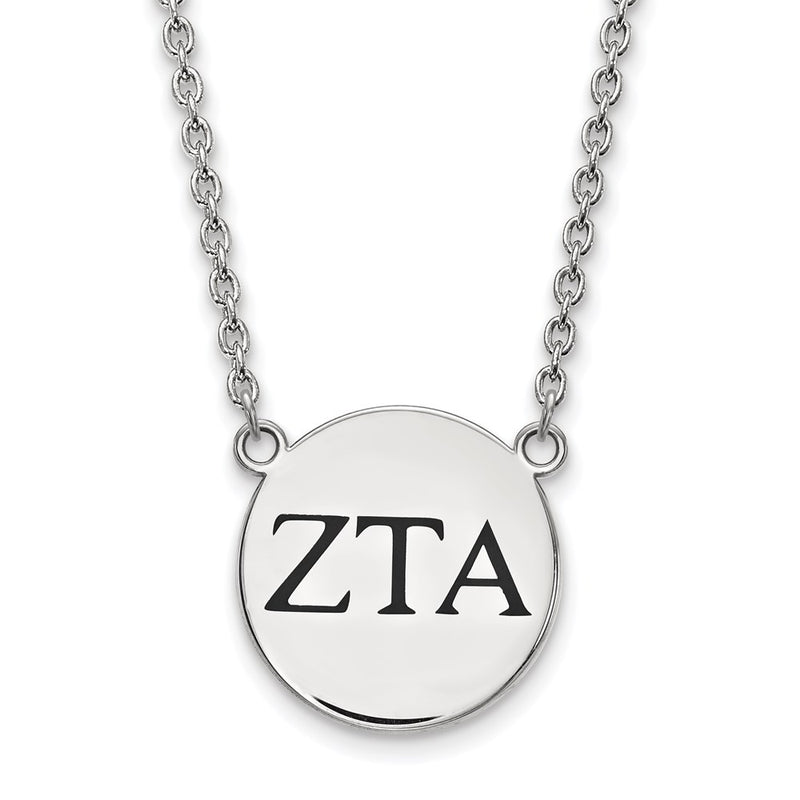 Sterling Silver Rhodium Plated Logoart Zeta Tau Alpha Sorority Greek Letters Large Black Enamel Pendant 18 Inch Necklace