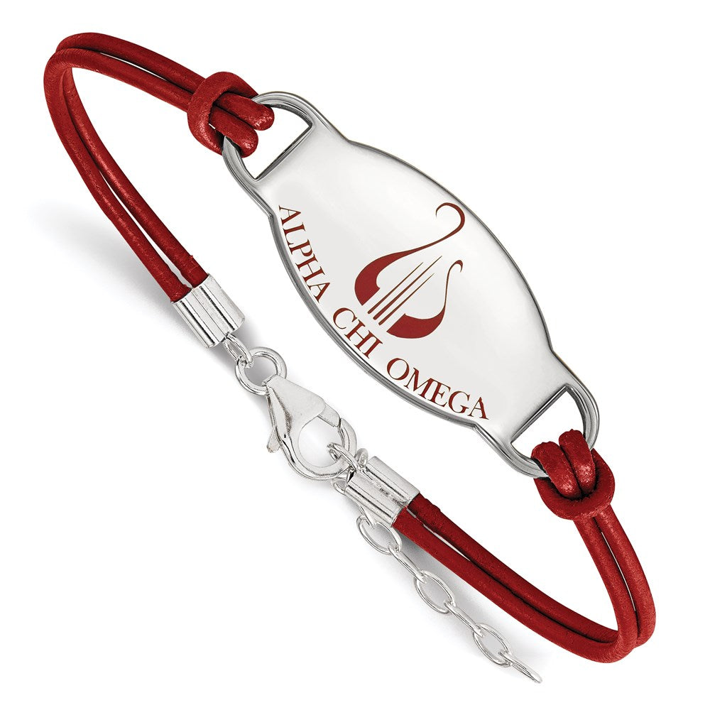Sterling Silver Rhodium Plated Logoart Alpha Chi Omega Sorority Symbol Color Enamel Leather 7 Inch Bracelet With Extender