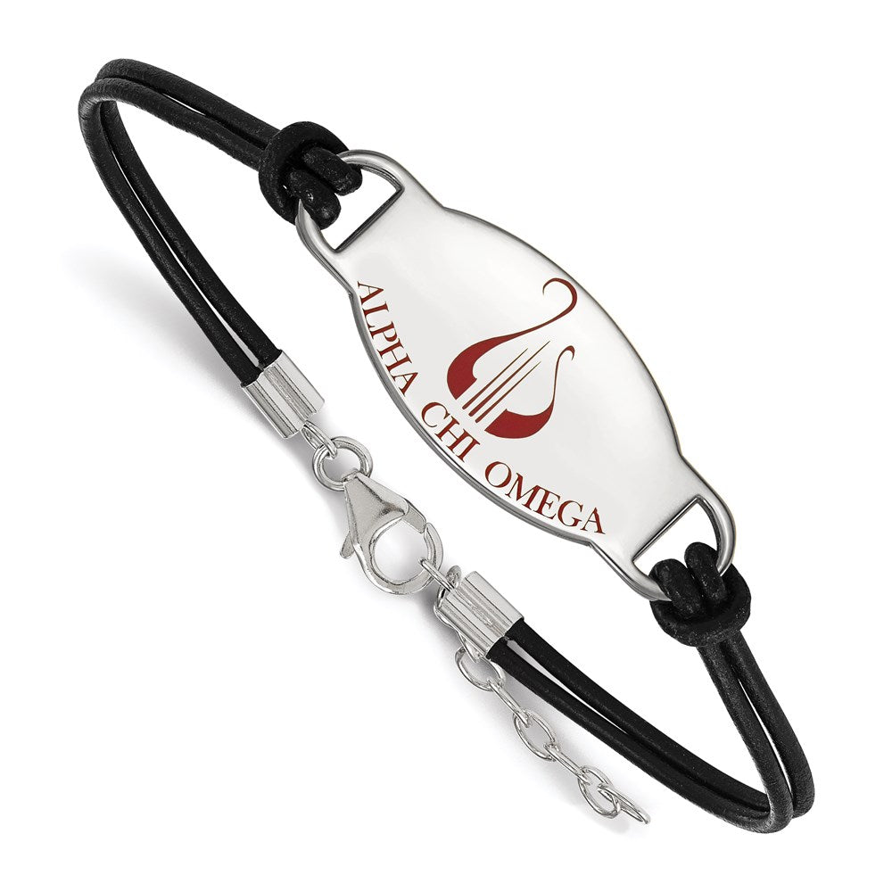 Sterling Silver Rhodium Plated Logoart Alpha Chi Omega Sorority Symbol Color Enamel Black Leather 7 Inch Bracelet With Extender
