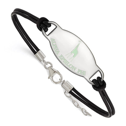 Sterling Silver Rhodium Plated Logoart Alpha Epsilon Phi Sorority Symbol Color Enamel Leather 7 Inch Bracelet With Extender