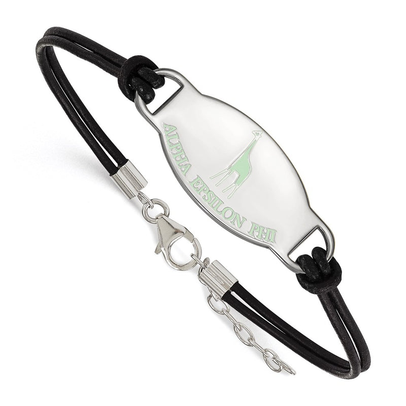Sterling Silver Rhodium Plated Logoart Alpha Epsilon Phi Sorority Symbol Color Enamel Leather 7 Inch Bracelet With Extender