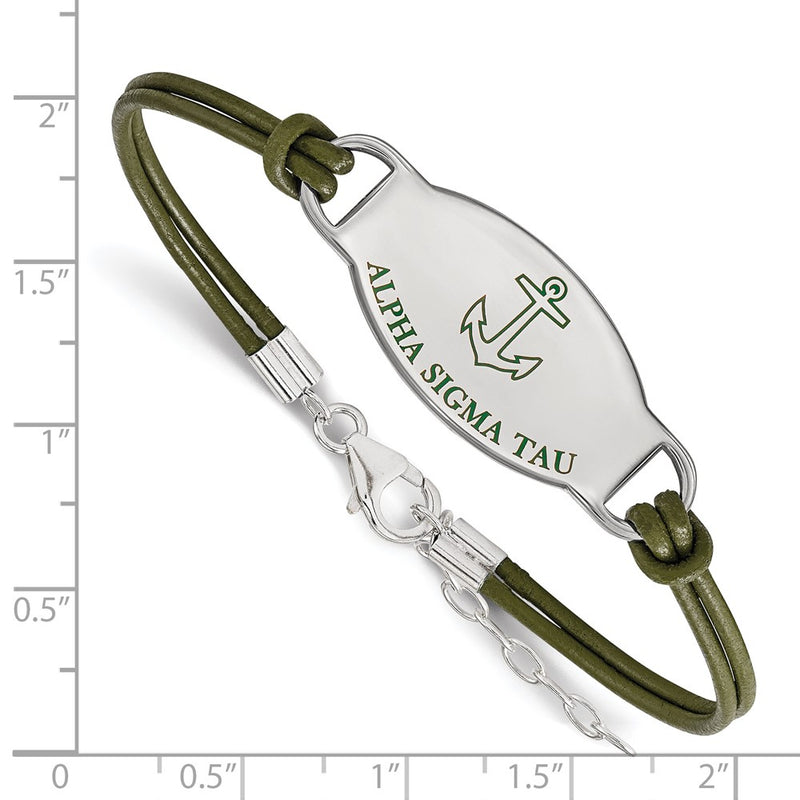 Sterling Silver Rhodium Plated Logoart Alpha Sigma Tau Sorority Symbol Color Enamel Leather 7 Inch Bracelet With Extender