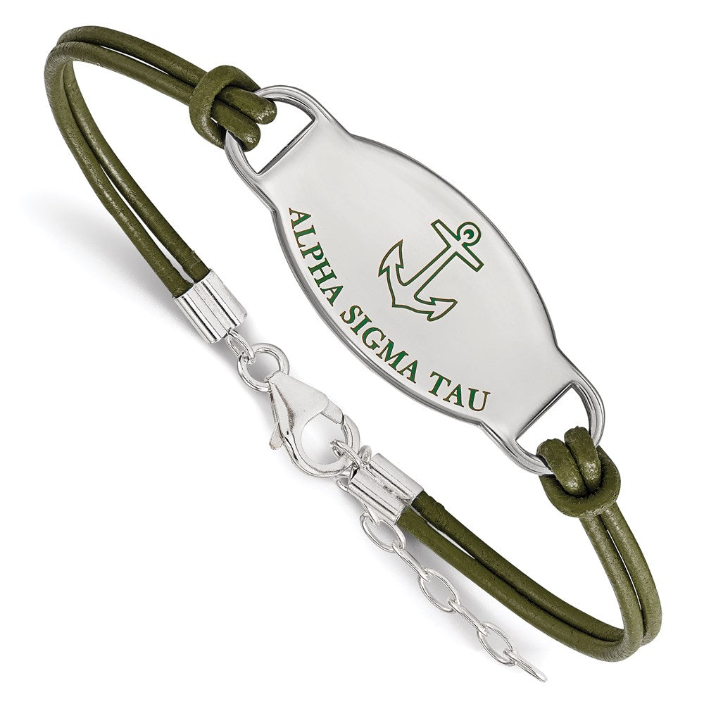 Sterling Silver Rhodium Plated Logoart Alpha Sigma Tau Sorority Symbol Color Enamel Leather 7 Inch Bracelet With Extender