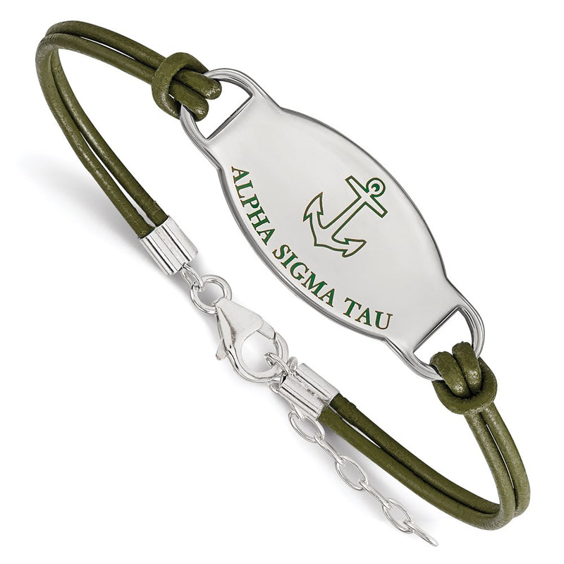 Sterling Silver Rhodium Plated Logoart Alpha Sigma Tau Sorority Symbol Color Enamel Leather 7 Inch Bracelet With Extender
