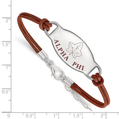 Sterling Silver Rhodium Plated Logoart Alpha Phi Sorority Symbol Color Enamel Leather 7 Inch Bracelet With Extender