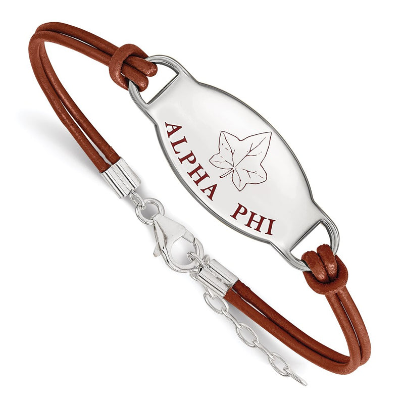 Sterling Silver Rhodium Plated Logoart Alpha Phi Sorority Symbol Color Enamel Leather 7 Inch Bracelet With Extender