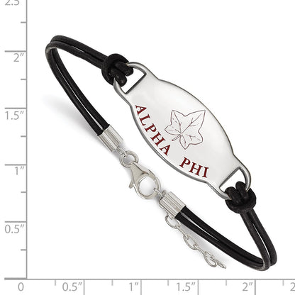 Sterling Silver Rhodium Plated Logoart Alpha Phi Sorority Symbol Color Enamel Black Leather 7 Inch Bracelet With Extender