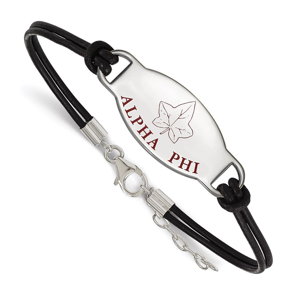 Sterling Silver Rhodium Plated Logoart Alpha Phi Sorority Symbol Color Enamel Black Leather 7 Inch Bracelet With Extender