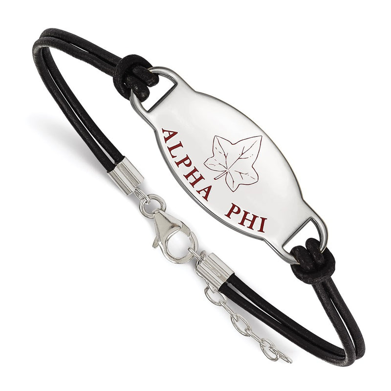 Sterling Silver Rhodium Plated Logoart Alpha Phi Sorority Symbol Color Enamel Black Leather 7 Inch Bracelet With Extender