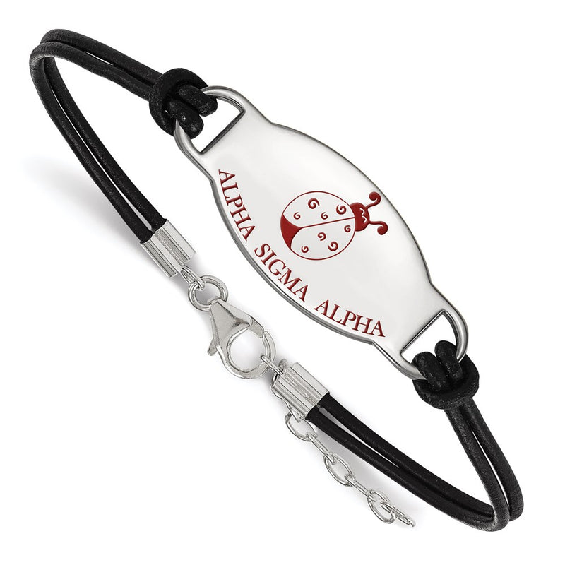 Sterling Silver Rhodium Plated Logoart Alpha Sigma Sorority Symbol Color Enamel Black Leather 7 Inch Bracelet With Extender