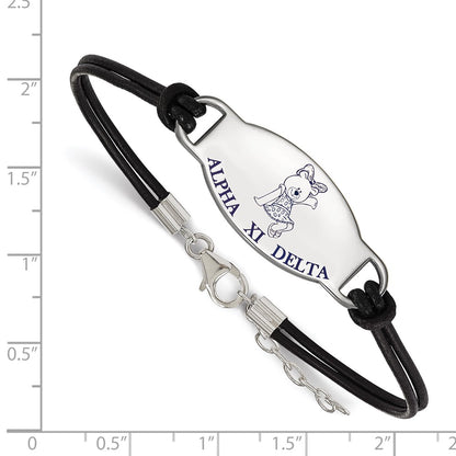 Sterling Silver Rhodium Plated Logoart Alpha Xi Delta Sorority Symbol Color Enamel Black Leather 7 Inch Bracelet With Extender