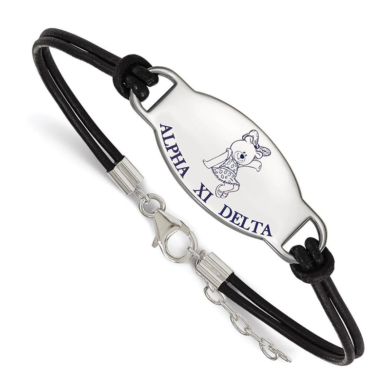 Sterling Silver Rhodium Plated Logoart Alpha Xi Delta Sorority Symbol Color Enamel Black Leather 7 Inch Bracelet With Extender