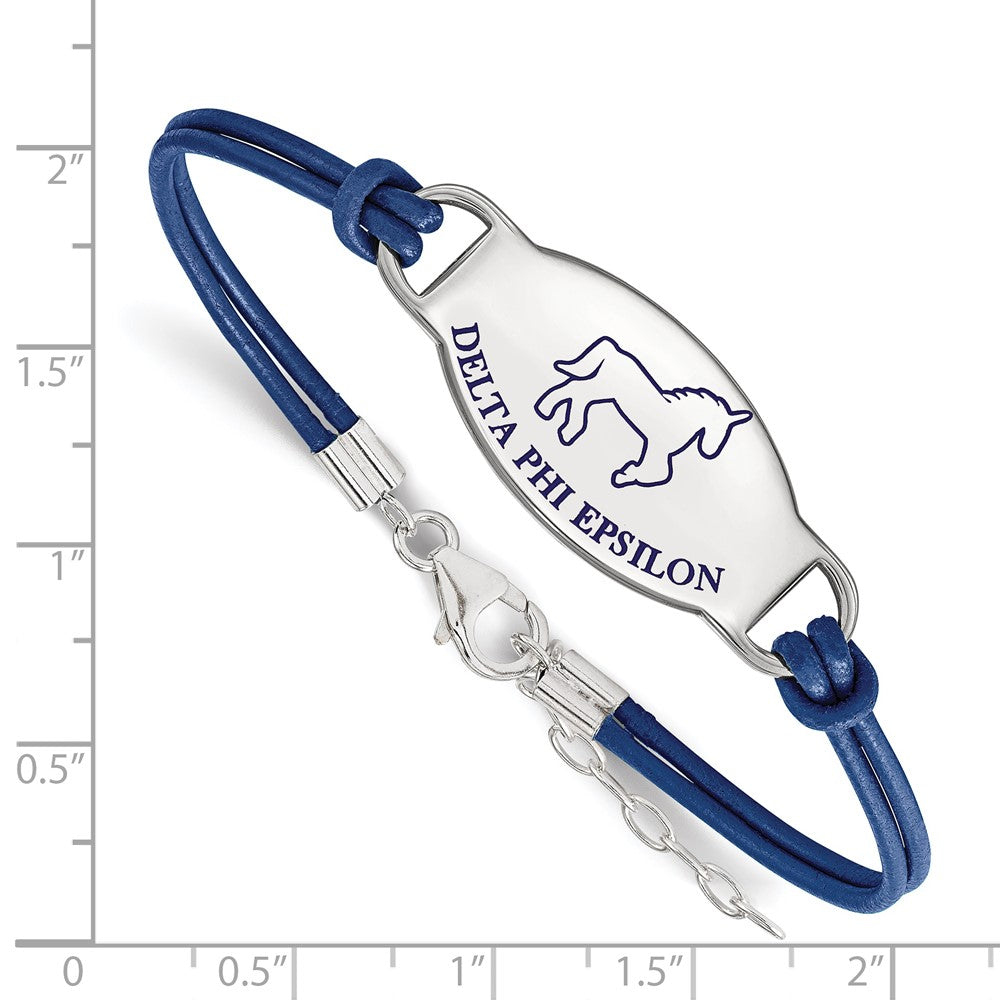 Sterling Silver Rhodium Plated Logoart Delta Phi Epsilon Sorority Symbol Color Enamel Leather 7 Inch Bracelet With Extender