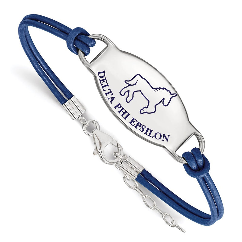 Sterling Silver Rhodium Plated Logoart Delta Phi Epsilon Sorority Symbol Color Enamel Leather 7 Inch Bracelet With Extender
