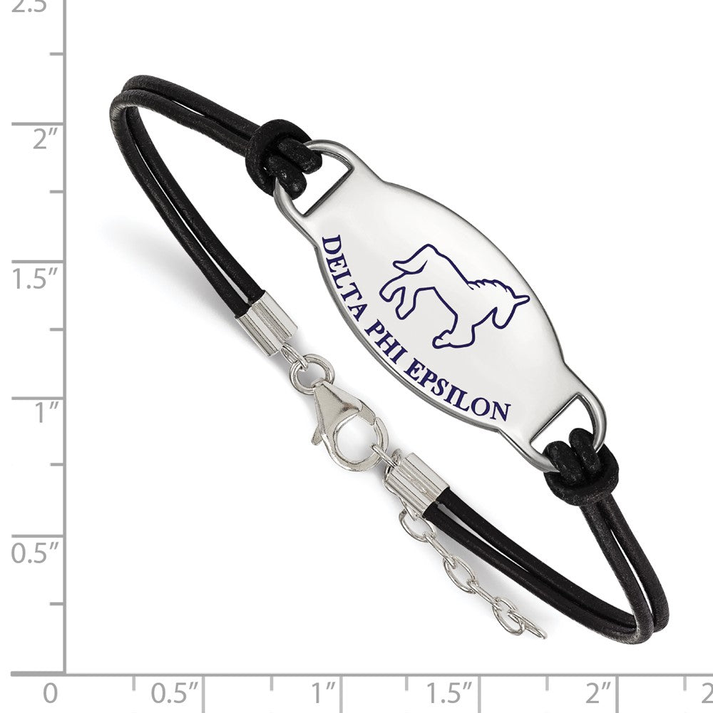 Sterling Silver Rhodium Plated Logoart Delta Phi Epsilon Sorority Symbol Color Enamel Black Leather 7 Inch Bracelet With Extender
