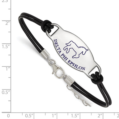 Sterling Silver Rhodium Plated Logoart Delta Phi Epsilon Sorority Symbol Color Enamel Black Leather 7 Inch Bracelet With Extender