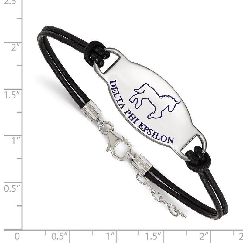 Sterling Silver Rhodium Plated Logoart Delta Phi Epsilon Sorority Symbol Color Enamel Black Leather 7 Inch Bracelet With Extender