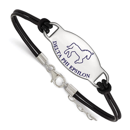 Sterling Silver Rhodium Plated Logoart Delta Phi Epsilon Sorority Symbol Color Enamel Black Leather 7 Inch Bracelet With Extender