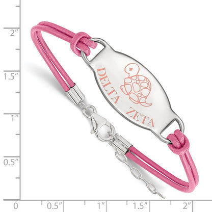 Sterling Silver Rhodium Plated Logoart Delta Zeta Sorority Symbol Color Enamel Leather 7 Inch Bracelet With Extender