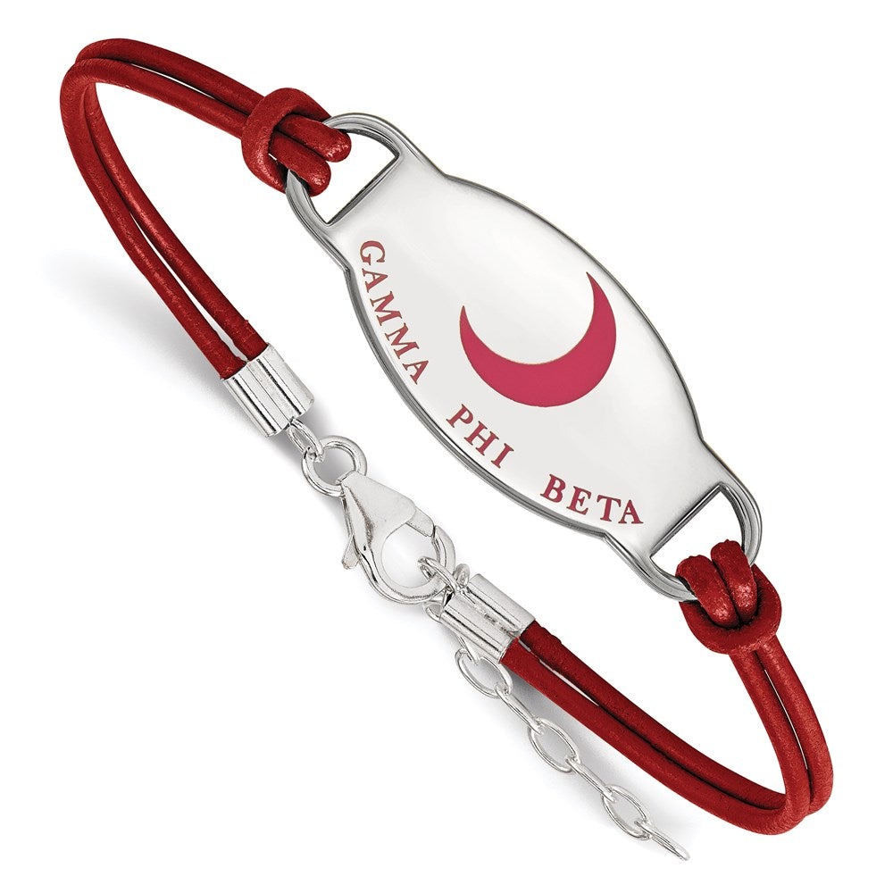 Sterling Silver Rhodium Plated Logoart Gamma Phi Beta Sorority Symbol Color Enamel Leather 7 Inch Bracelet With Extender