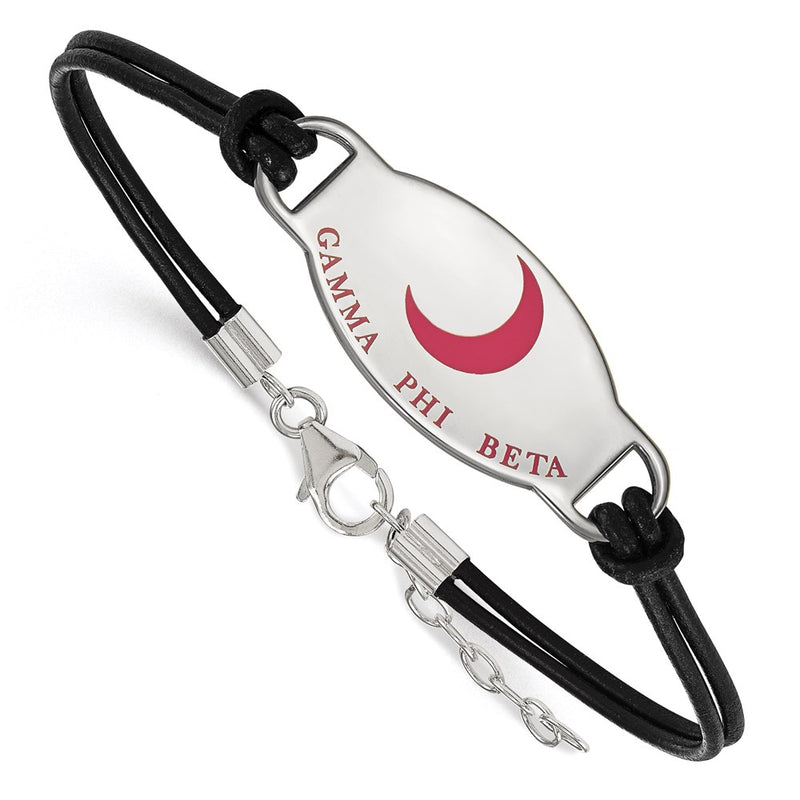 Sterling Silver Rhodium Plated Logoart Gamma Phi Beta Sorority Symbol Color Enamel Black Leather 7 Inch Bracelet With Extender
