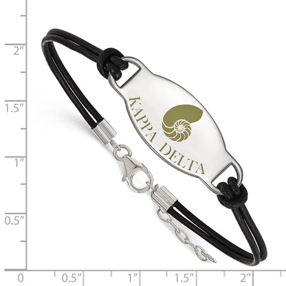 Sterling Silver Rhodium Plated Logoart Kappa Delta Sorority Symbol Color Enamel Black Leather 7 Inch Bracelet With Extender