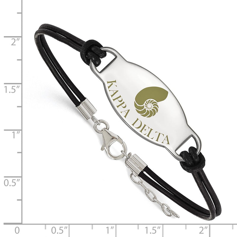 Sterling Silver Rhodium Plated Logoart Kappa Delta Sorority Symbol Color Enamel Black Leather 7 Inch Bracelet With Extender