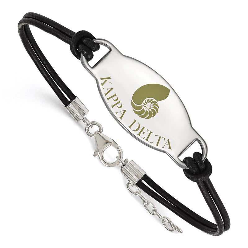 Sterling Silver Rhodium Plated Logoart Kappa Delta Sorority Symbol Color Enamel Black Leather 7 Inch Bracelet With Extender