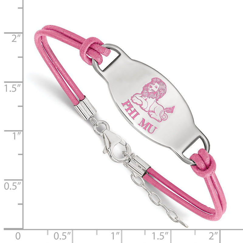 Sterling Silver Rhodium Plated Logoart Phi Mu Sorority Symbol Color Enamel Leather 7 Inch Bracelet With Extender