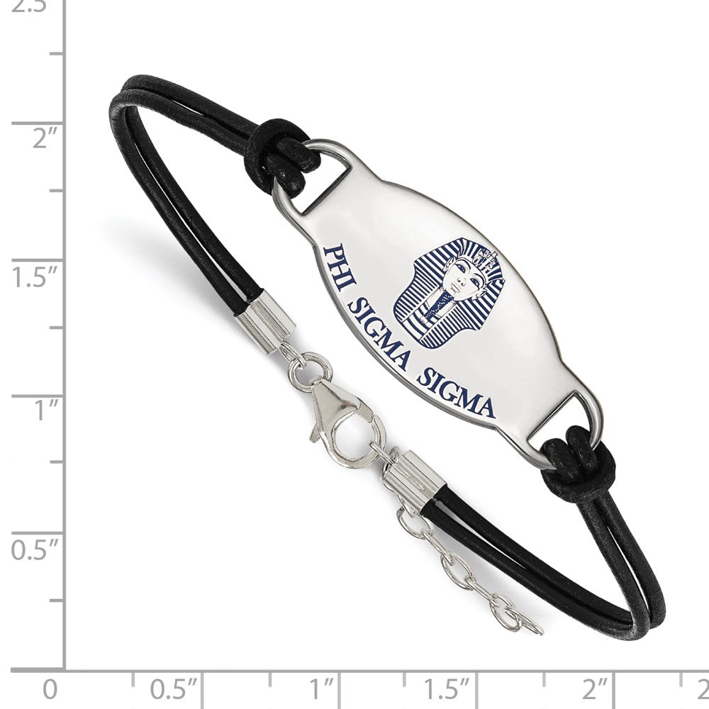 Sterling Silver Rhodium Plated Logoart Phi Sigma Sorority Symbol Color Enamel Black Leather 7 Inch Bracelet With Extender