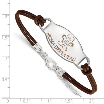 Sterling Silver Rhodium Plated Logoart Sigma Delta Tau Sorority Symbol Color Enamel Leather 7 Inch Bracelet With Extender