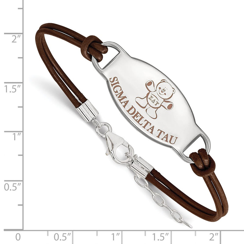 Sterling Silver Rhodium Plated Logoart Sigma Delta Tau Sorority Symbol Color Enamel Leather 7 Inch Bracelet With Extender