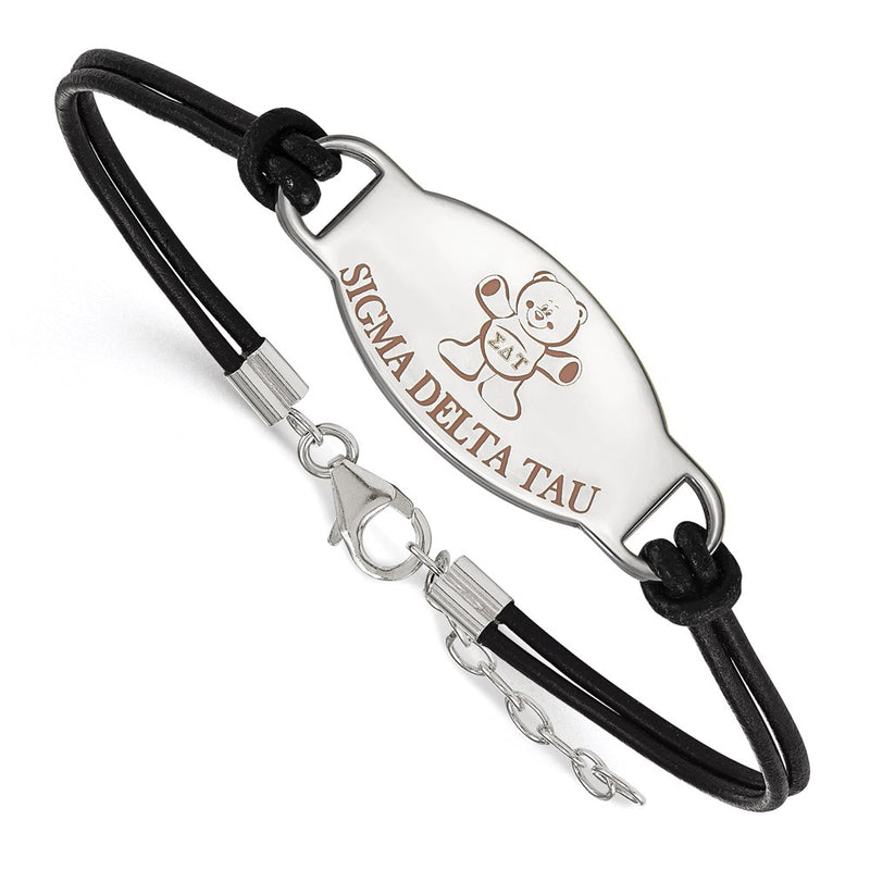 Sterling Silver Rhodium Plated Logoart Sigma Delta Tau Sorority Symbol Color Enamel Black Leather 7 Inch Bracelet With Extender