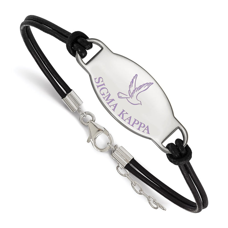 Sterling Silver Rhodium Plated Logoart Sigma Kappa Sorority Symbol Color Enamel Black Leather 7 Inch Bracelet With Extender