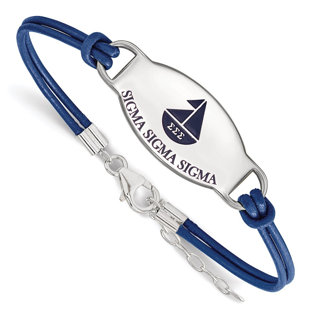 Sterling Silver Rhodium Plated Logoart Sigma Sorority Symbol Color Enamel Leather 7 Inch Bracelet With Extender