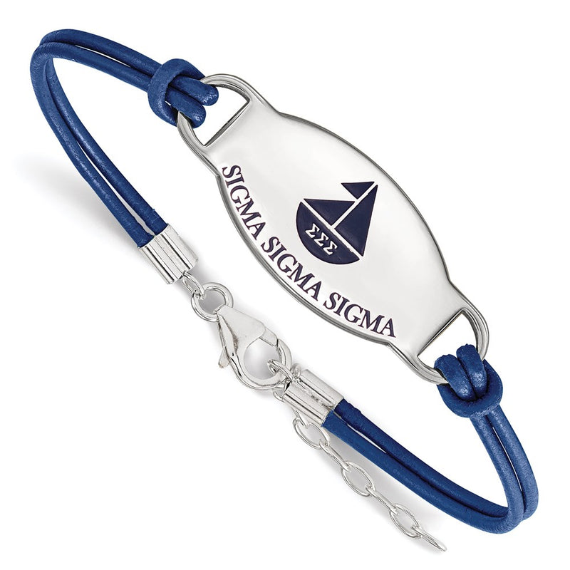 Sterling Silver Rhodium Plated Logoart Sigma Sorority Symbol Color Enamel Leather 7 Inch Bracelet With Extender
