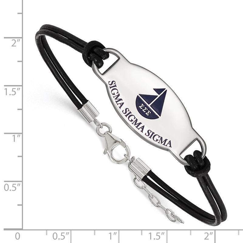 Sterling Silver Rhodium Plated Logoart Sigma Sorority Symbol Color Enamel Black Leather 7 Inch Bracelet With Extender