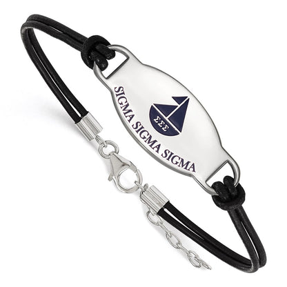Sterling Silver Rhodium Plated Logoart Sigma Sorority Symbol Color Enamel Black Leather 7 Inch Bracelet With Extender