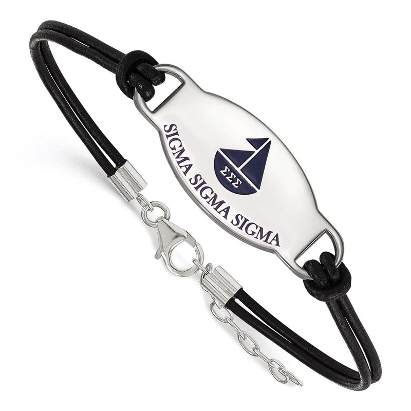 Sterling Silver Rhodium Plated Logoart Sigma Sorority Symbol Color Enamel Black Leather 7 Inch Bracelet With Extender