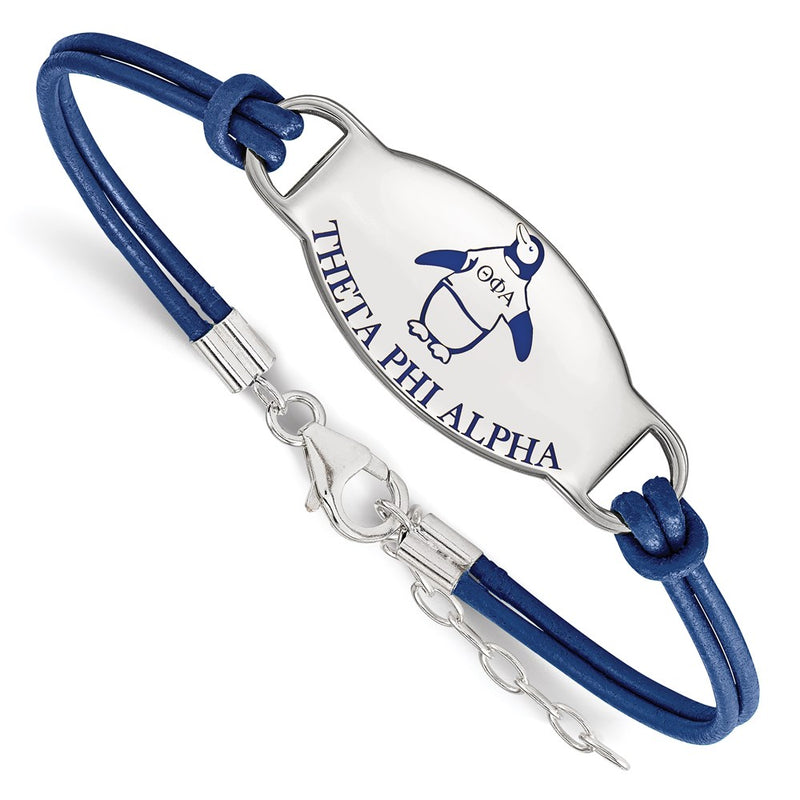 Sterling Silver Rhodium Plated Logoart Theta Phi Alpha Sorority Symbol Color Enamel Leather 7 Inch Bracelet With Extender