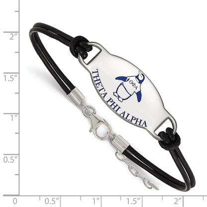 Sterling Silver Rhodium Plated Logoart Theta Phi Alpha Sorority Symbol Color Enamel Black Leather 7 Inch Bracelet With Extender