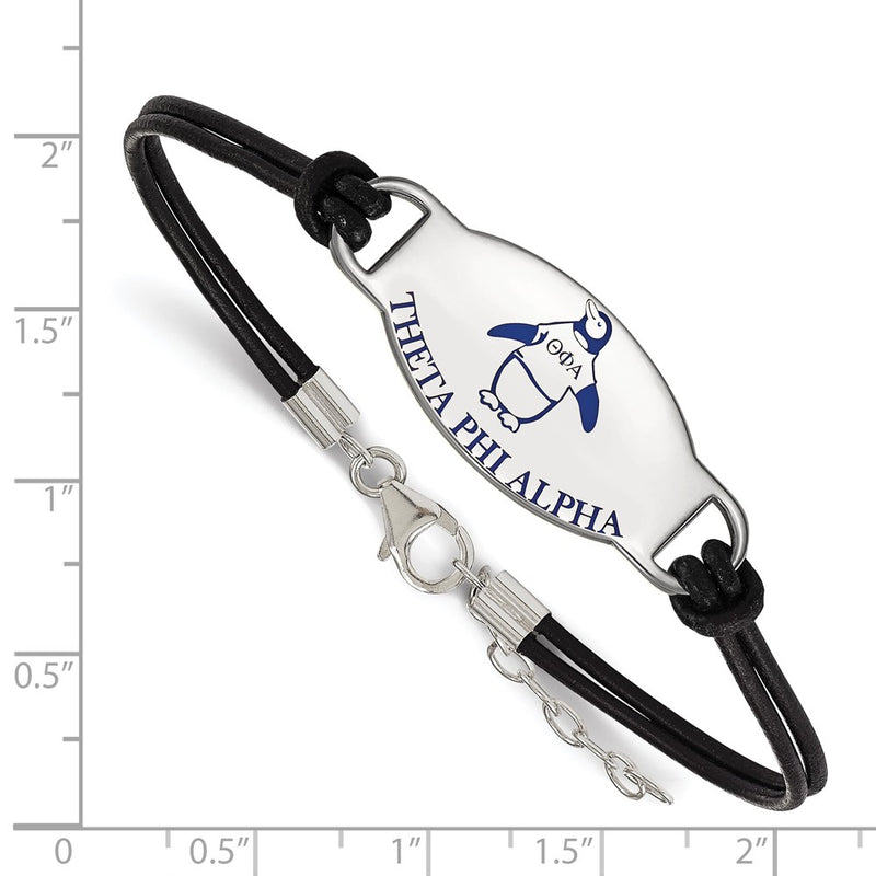 Sterling Silver Rhodium Plated Logoart Theta Phi Alpha Sorority Symbol Color Enamel Black Leather 7 Inch Bracelet With Extender